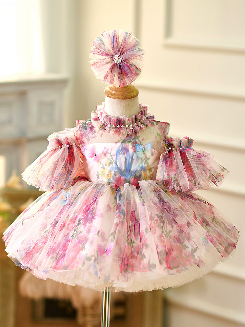 Floral Puffy Sleeve Knee Length Adorable Baby Birthday Girl Dress J052