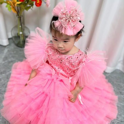 Floral Sequin Knee Length Baby Birthday Girl Dress J275