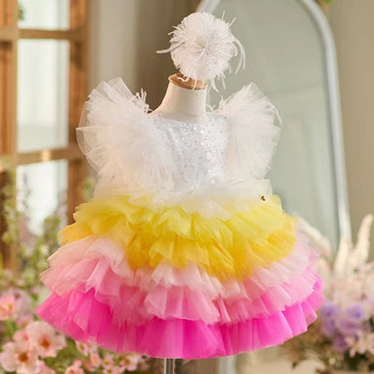Floral Sequin Knee Length Baby Birthday Girl Dress J275