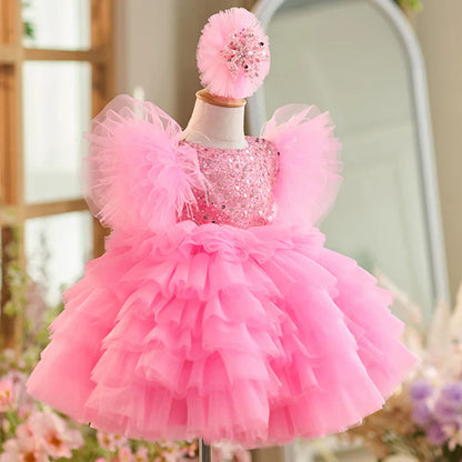 Floral Sequin Knee Length Baby Birthday Girl Dress J275