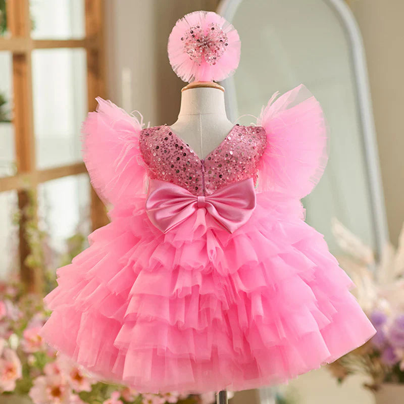 Floral Sequin Knee Length Baby Birthday Girl Dress J275
