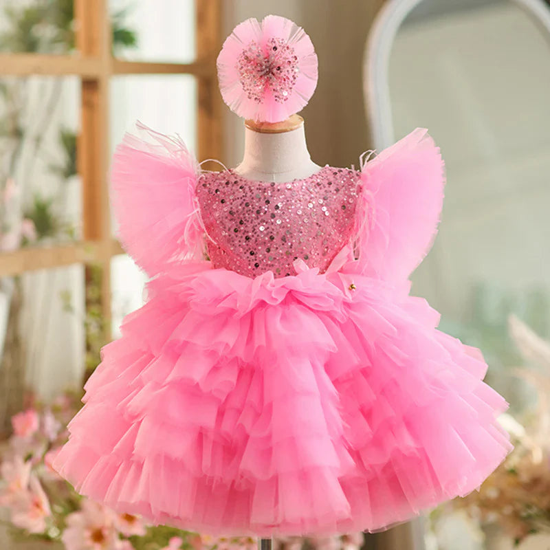 Floral Sequin Knee Length Baby Birthday Girl Dress J275