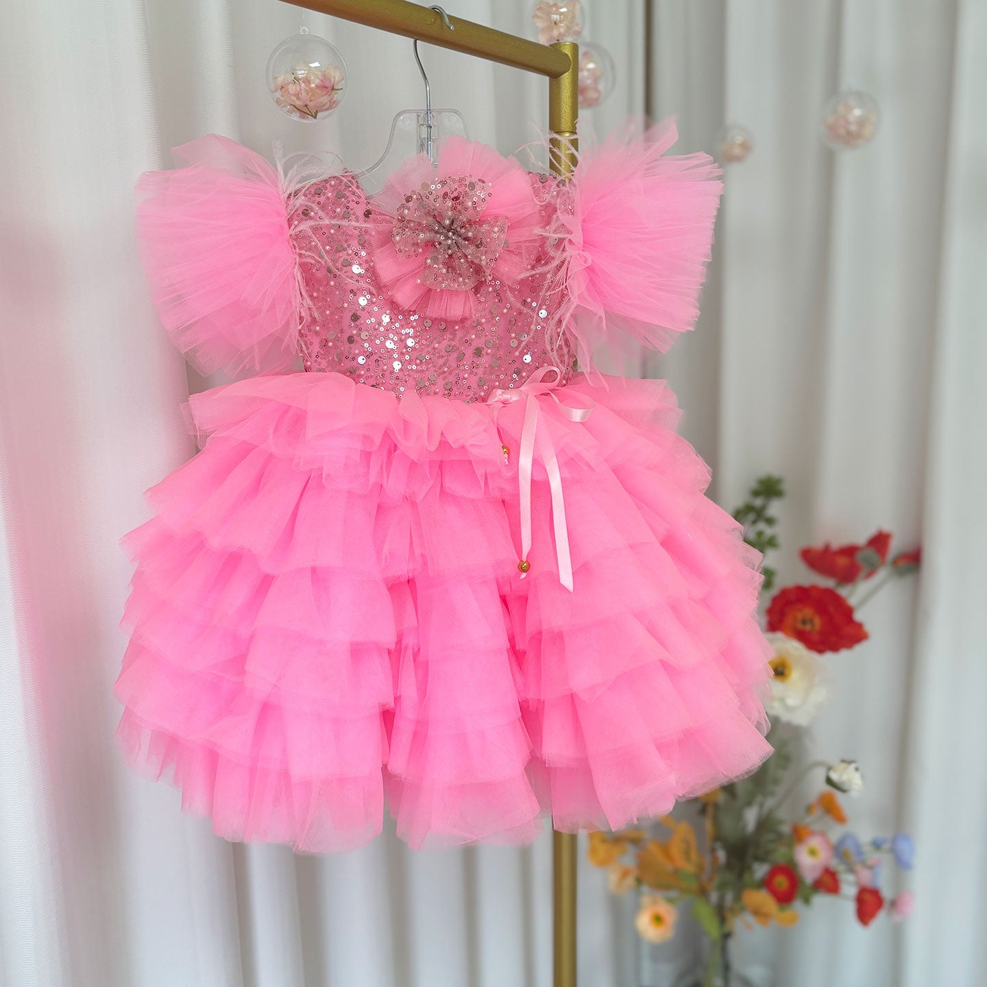 Floral Sequin Knee Length Baby Birthday Girl Dress J275
