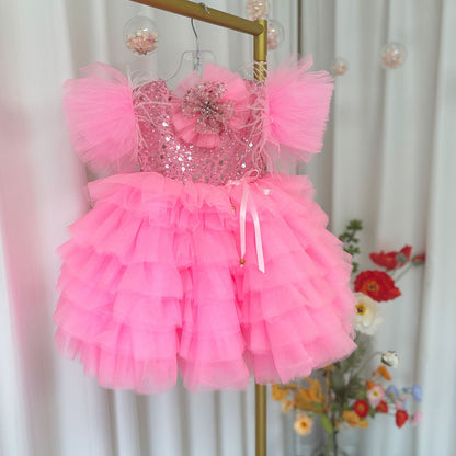 Floral Sequin Knee Length Baby Birthday Girl Dress J275