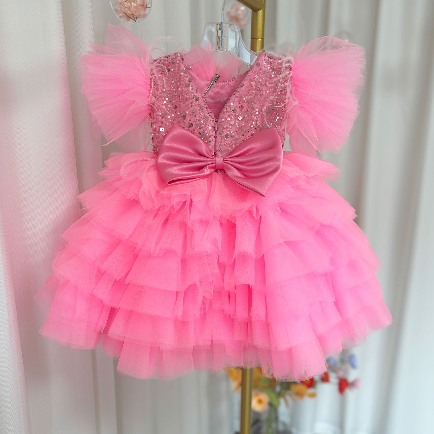 Floral Sequin Knee Length Baby Birthday Girl Dress J275