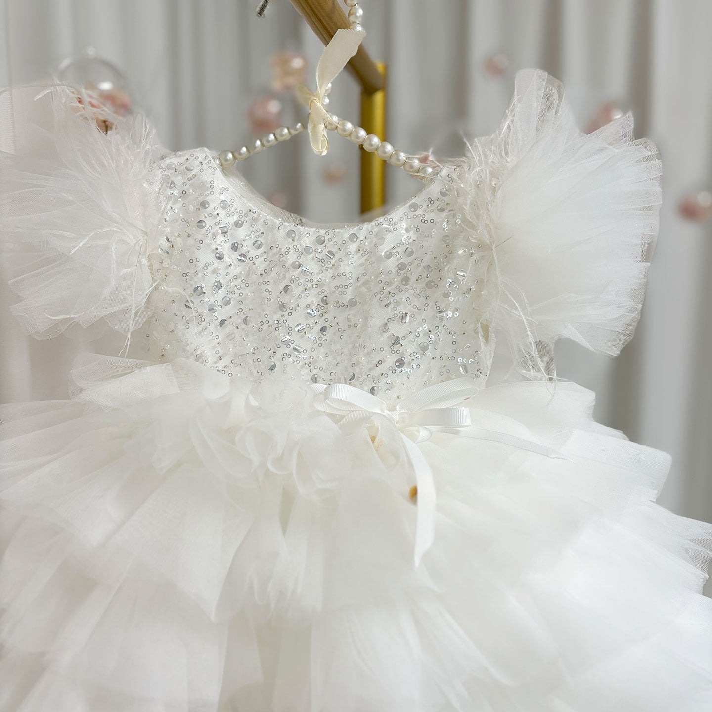 Floral Sequin Knee Length Baby Birthday Girl Dress J275