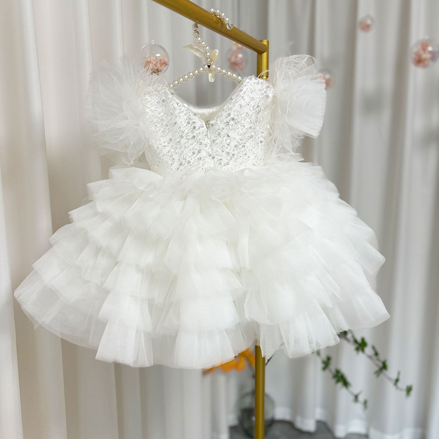 Floral Sequin Knee Length Baby Birthday Girl Dress J275
