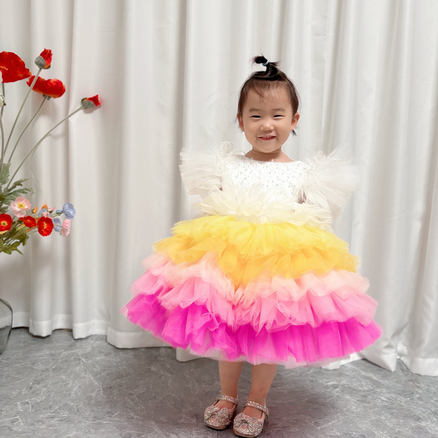 Floral Sequin Knee Length Baby Birthday Girl Dress J275