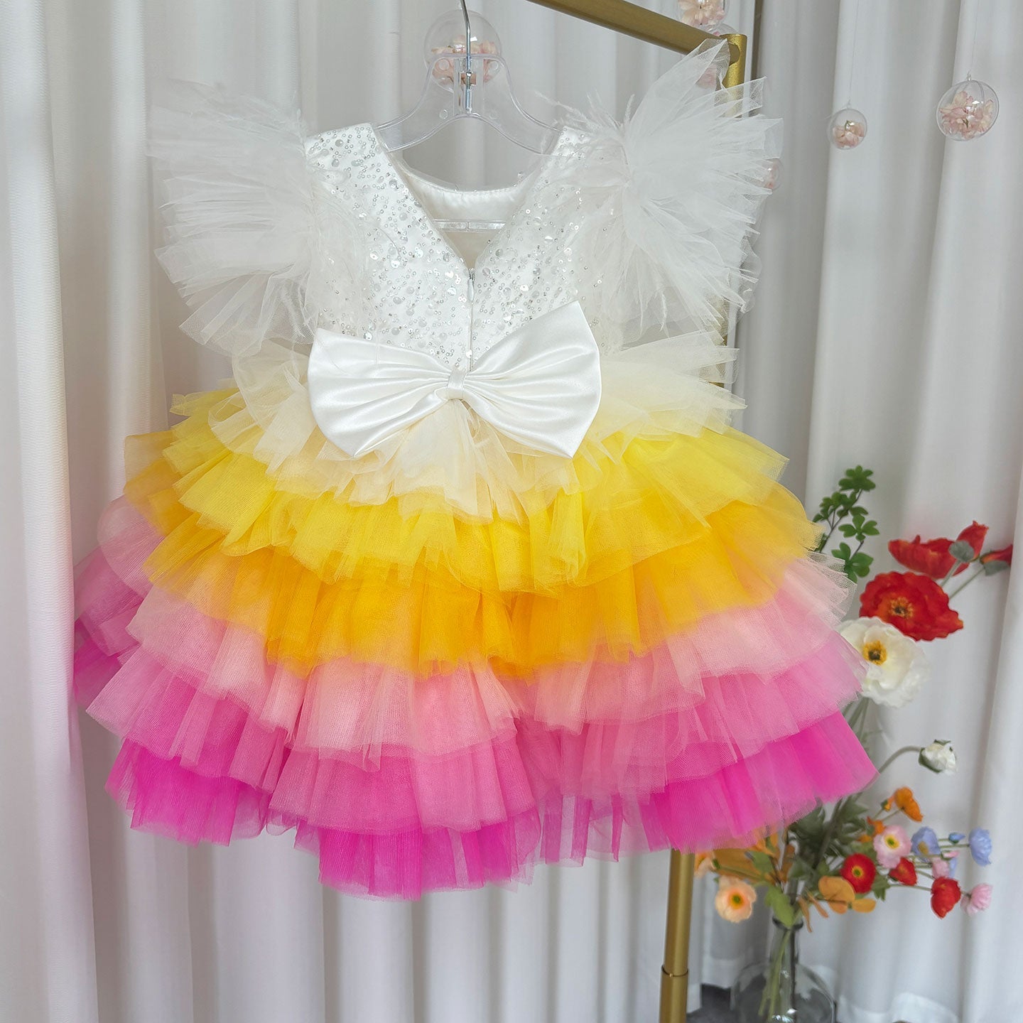 Floral Sequin Knee Length Baby Birthday Girl Dress J275