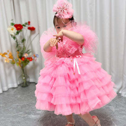 Floral Sequin Knee Length Baby Birthday Girl Dress J275