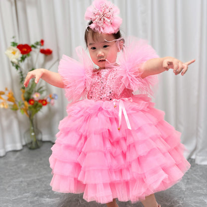 Floral Sequin Knee Length Baby Birthday Girl Dress J275