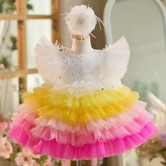 Floral Sequin Knee Length Baby Birthday Girl Dress J275