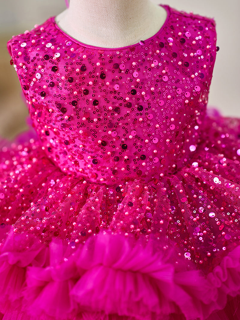 Fuchsia Baby Beading Lace Knee Length Girl Birthday Dress J049