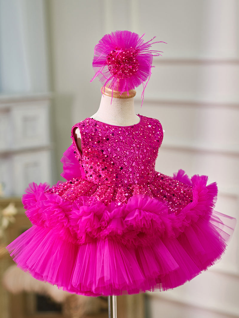 Fuchsia Baby Beading Lace Knee Length Girl Birthday Dress J049