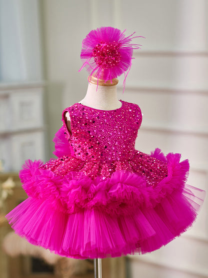 Fuchsia Baby Beading Lace Knee Length Girl Birthday Dress J049