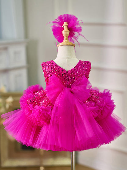 Fuchsia Baby Beading Lace Knee Length Girl Birthday Dress J049