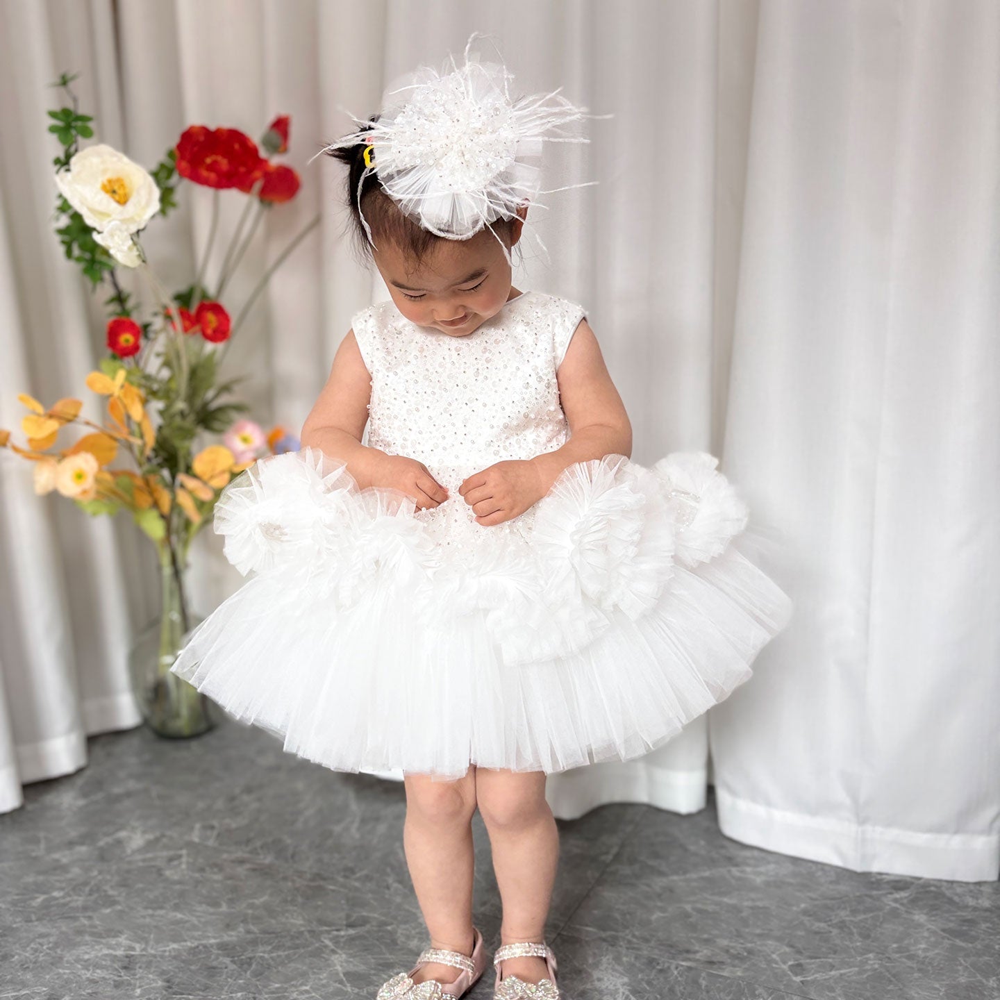 Fuchsia Baby Beading Lace Knee Length Girl Birthday Dress J049