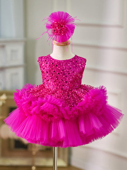 Fuchsia Baby Beading Lace Knee Length Girl Birthday Dress J049