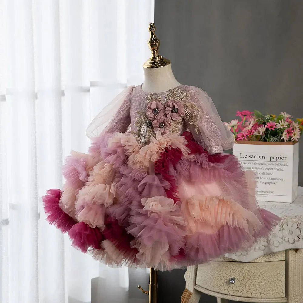 Fuchsia Flower Girl Dresses Arabic Appliques Princess Kids Gown J402