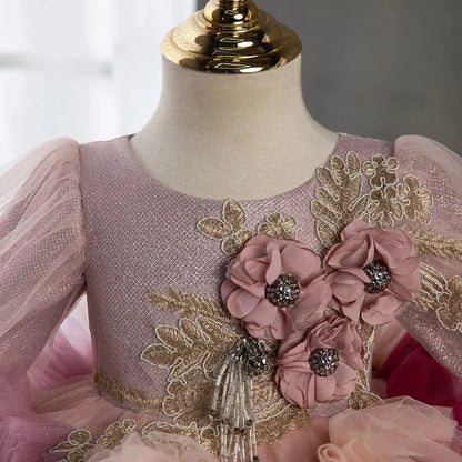 Fuchsia Flower Girl Dresses Arabic Appliques Princess Kids Gown J402