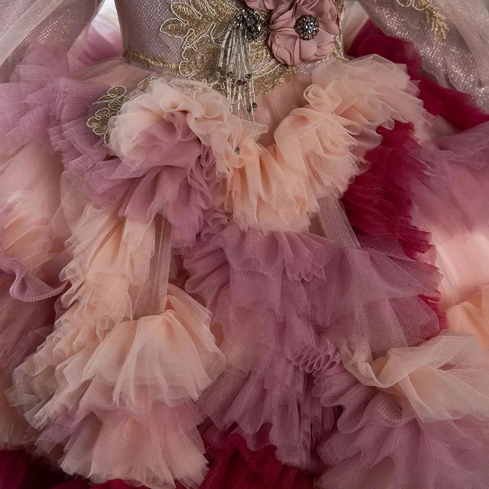 Fuchsia Flower Girl Dresses Arabic Appliques Princess Kids Gown J402