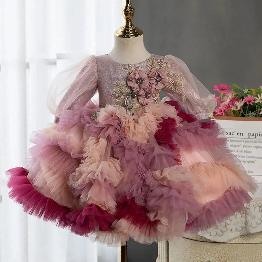 Fuchsia Flower Girl Dresses Arabic Appliques Princess Kids Gown J402