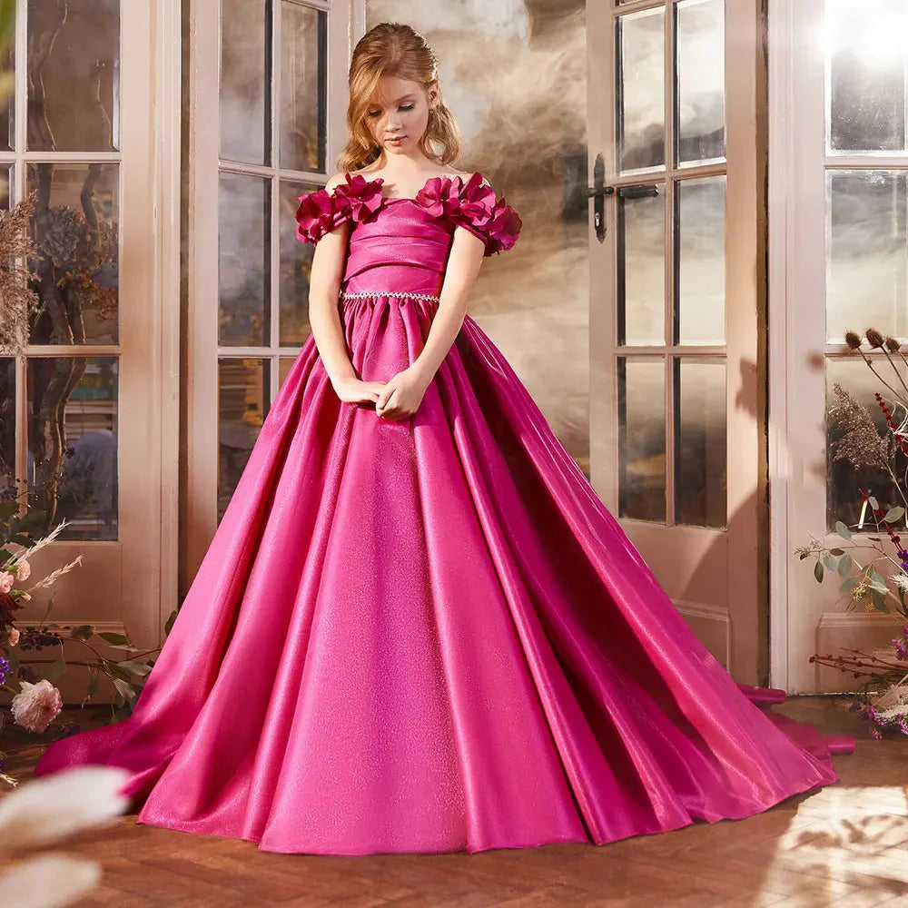 Fuchsia Girl Dress Appliques Lilac Princess Dubai Gown J167