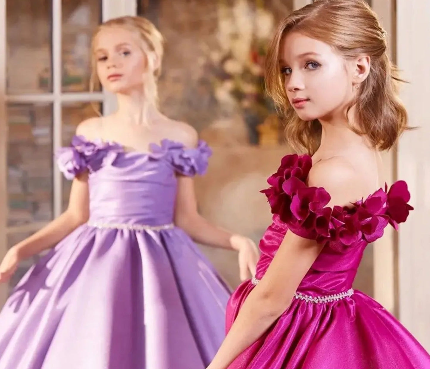 Fuchsia Girl Dress Appliques Lilac Princess Dubai Gown J167