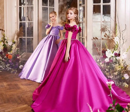 Fuchsia Girl Dress Appliques Lilac Princess Dubai Gown J167