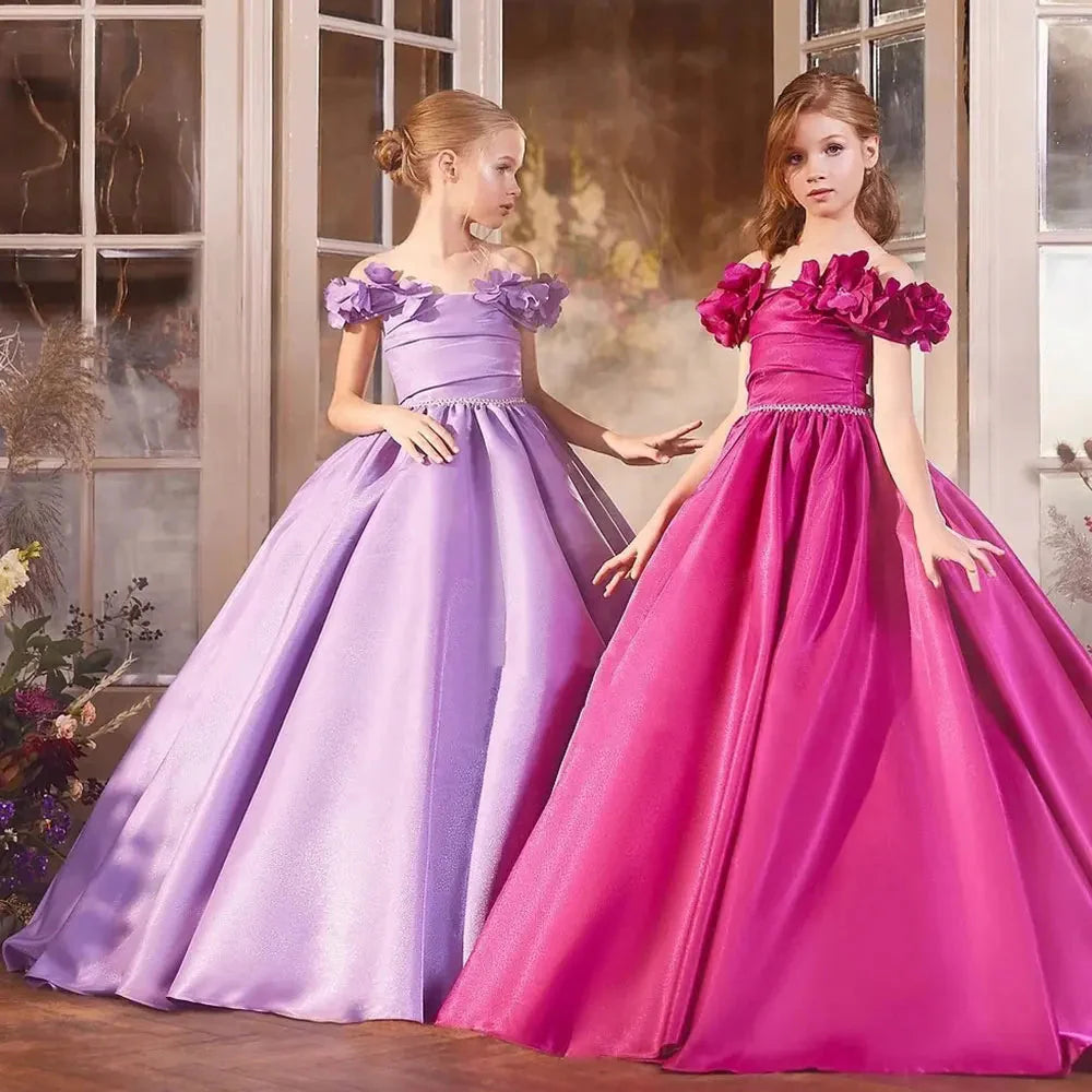 Fuchsia Girl Dress Appliques Lilac Princess Dubai Gown J167