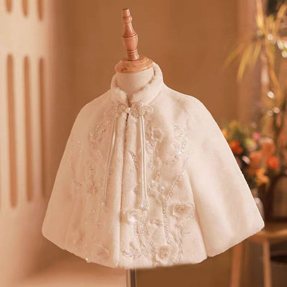 Girls Shawl Plus Velvet White Long Sleeve Winter Warm With Cape W002
