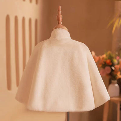 Girls Shawl Plus Velvet White Long Sleeve Winter Warm With Cape W002
