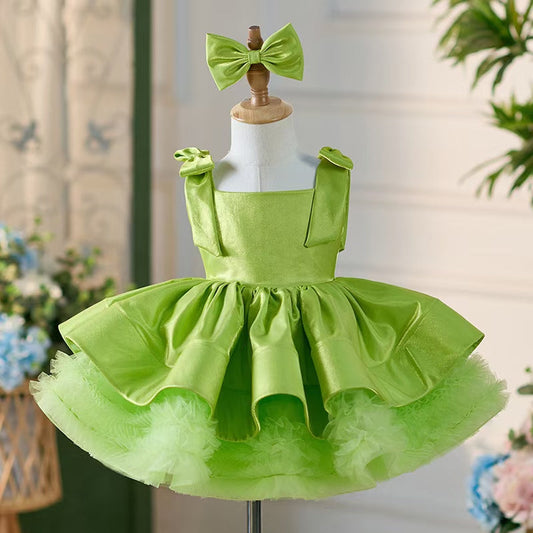 Green Satin Square Collar Baby Knee Length Girl Dress J221