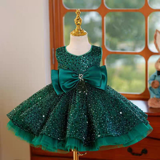 Green Sequins Toddler Knee Length 1st Birthday Party Girl Dress J353