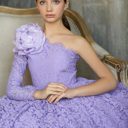 Lilac Girl Dress One Shoulder Flowers Champagne Princess Ball Gown J154