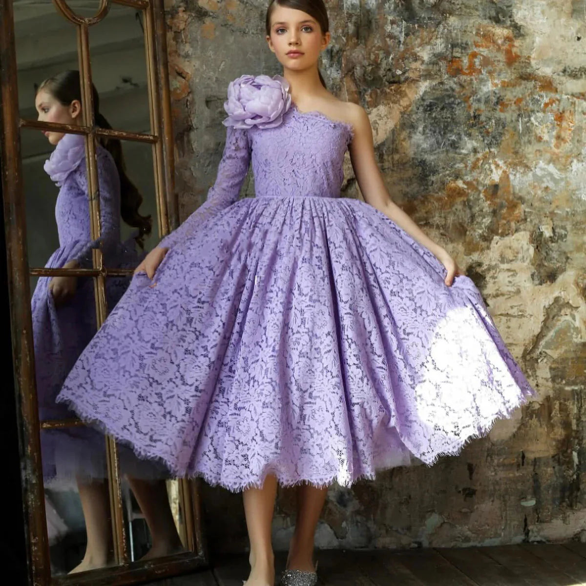 Lilac Girl Dress One Shoulder Flowers Champagne Princess Ball Gown J154
