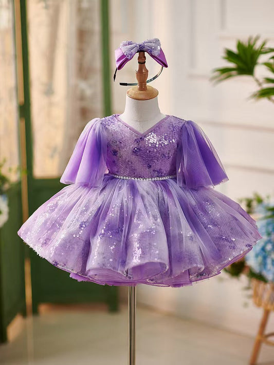 Lilac Knee Length 1st Birthday Girl Dress Puffy Sleeve J307