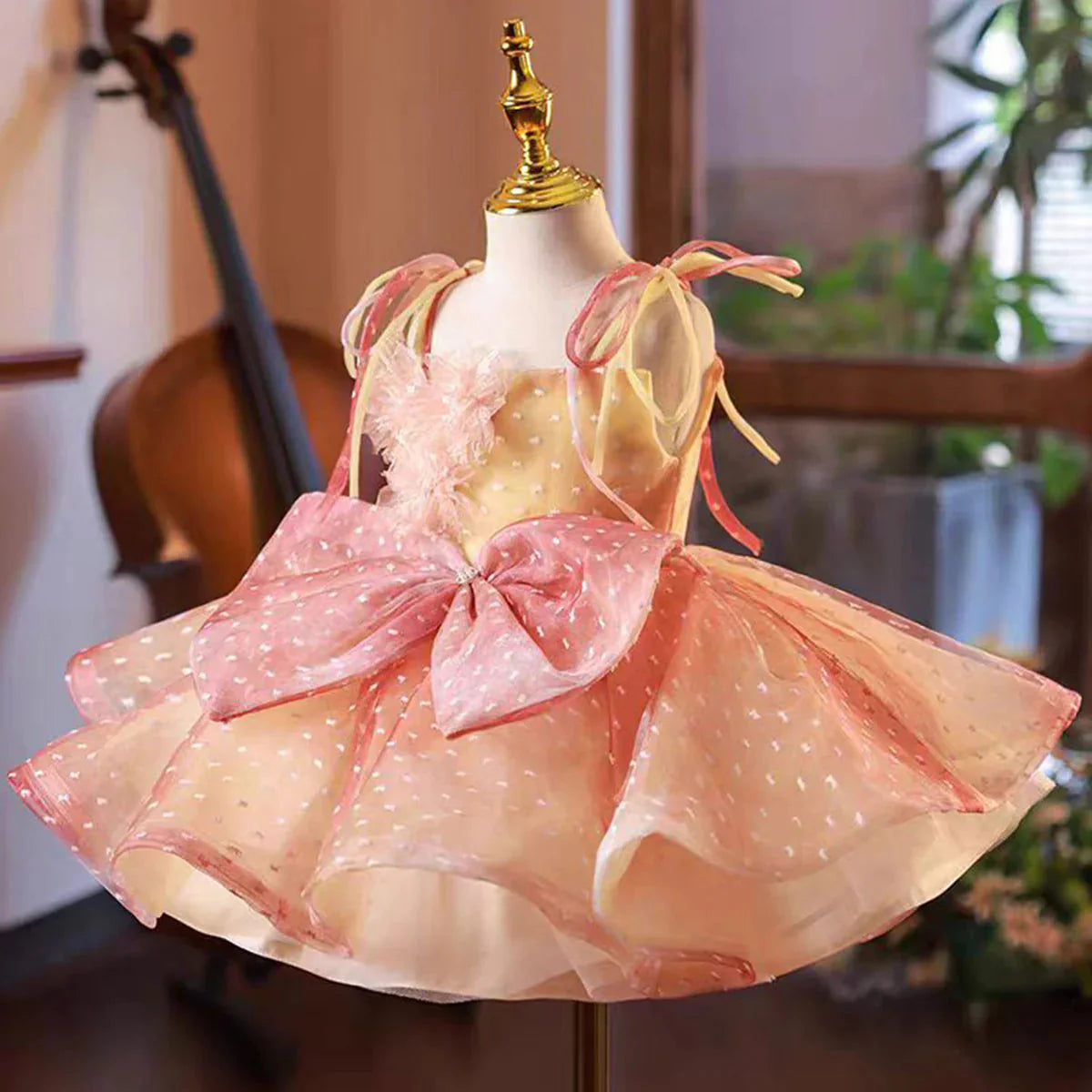 Lovely Coral Girl Dress Bow for Baby Kids Princess Gown J110