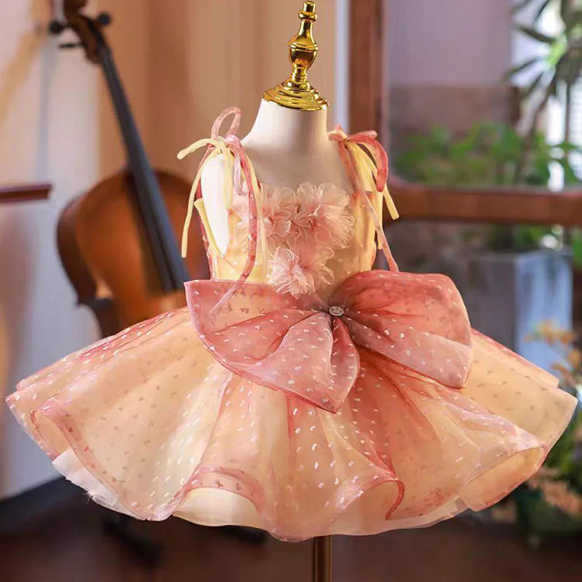 Lovely Coral Girl Dress Bow for Baby Kids Princess Gown J110