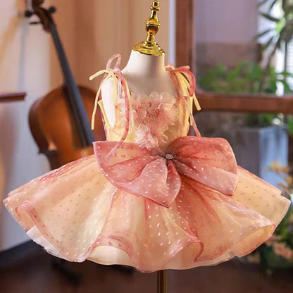 Lovely Coral Girl Dress Bow for Baby Kids Princess Gown J110