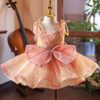 Lovely Coral Girl Dress Bow for Baby Kids Princess Gown J110