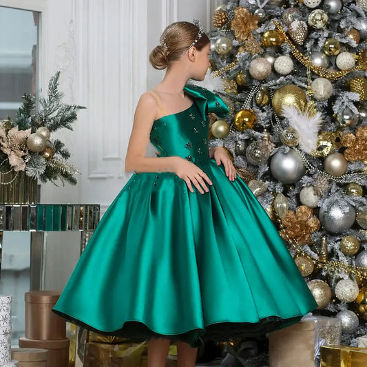 Luxury Green Girl Dress One Shoulder Satin Dubai Kids Gown J368