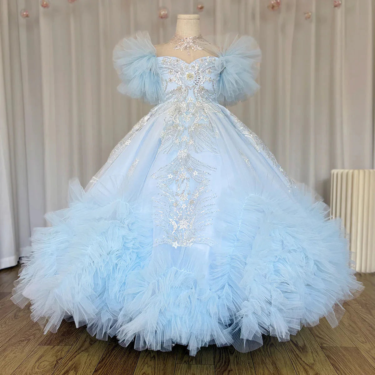 Luxury Arab Sky Blue Girl Dress Beaded Dubai Kids Princess J220