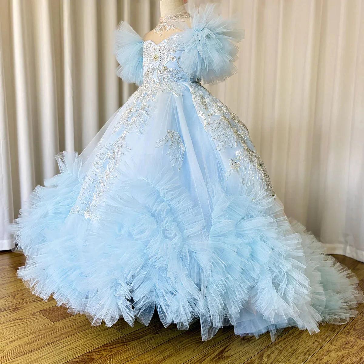 Luxury Arab Sky Blue Girl Dress Beaded Dubai Kids Princess J220