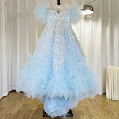 Luxury Arab Sky Blue Girl Dress Beaded Dubai Kids Princess J220