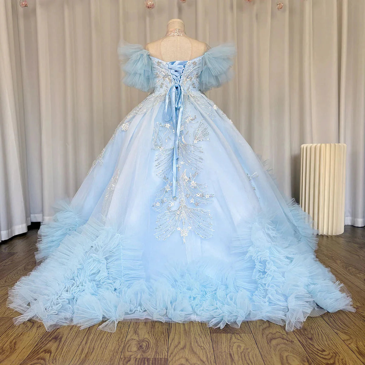 Luxury Arab Sky Blue Girl Dress Beaded Dubai Kids Princess J220