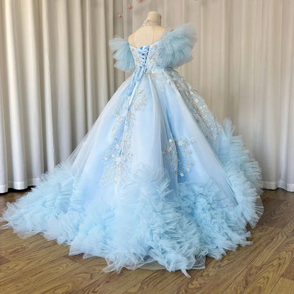 Luxury Arab Sky Blue Girl Dress Beaded Dubai Kids Princess J220
