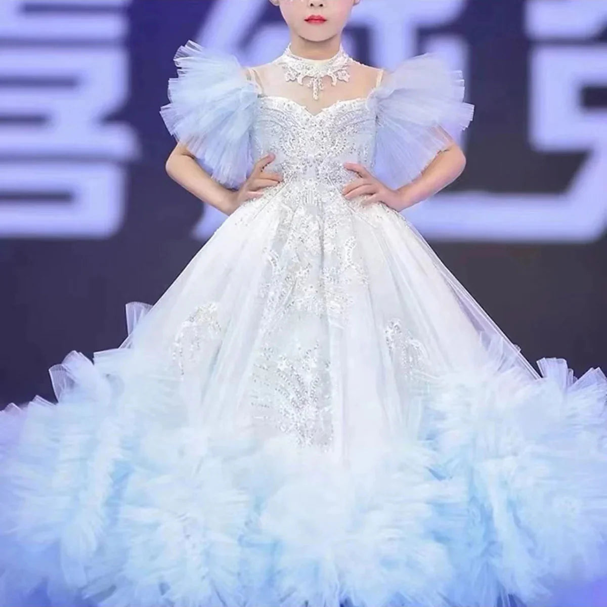 Luxury Arab Sky Blue Girl Dress Beaded Dubai Kids Princess J220