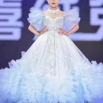 Luxury Arab Sky Blue Girl Dress Beaded Dubai Kids Princess J220