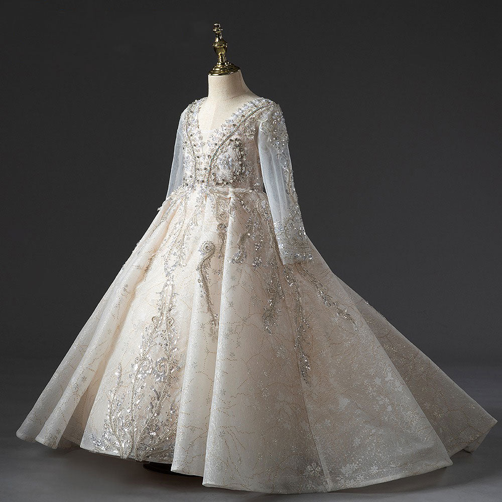 Luxury Arabic Champagne Girl Dress Dubai Princess J046